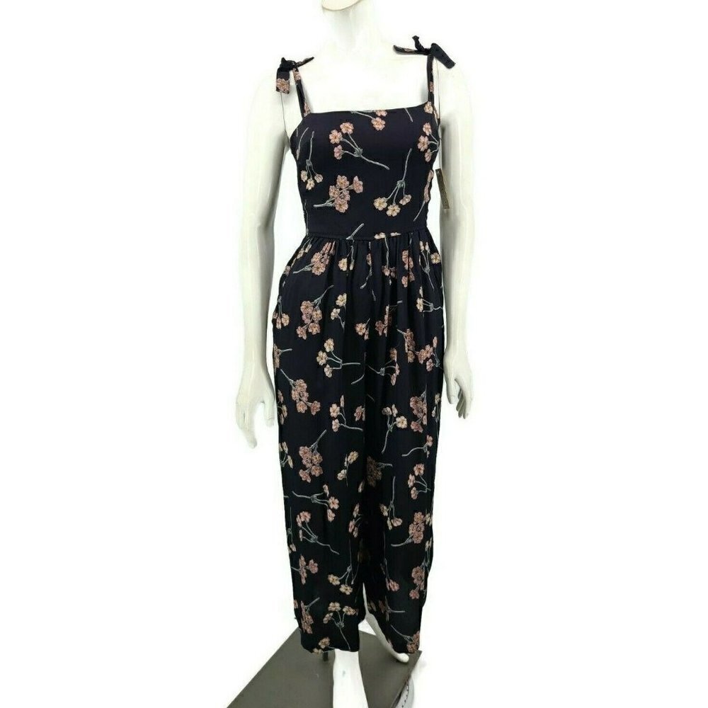 New Flynn Skye Jumpsuit XS Black Cherry Blossom Rayon Shoulder Ties Jumper Pants